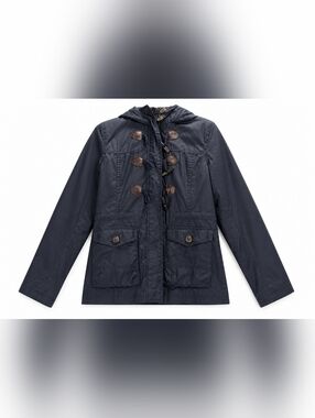 Aeropostale Navy Hooded Toggle Raincoat with Brown Accents